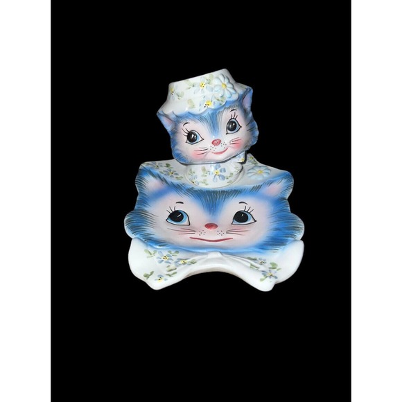 Vintage Lefton Miss Priss Kitty Cat Salt Shaker & Spoon Rest 1525 Has Plug Rare - Picture 1 of 9